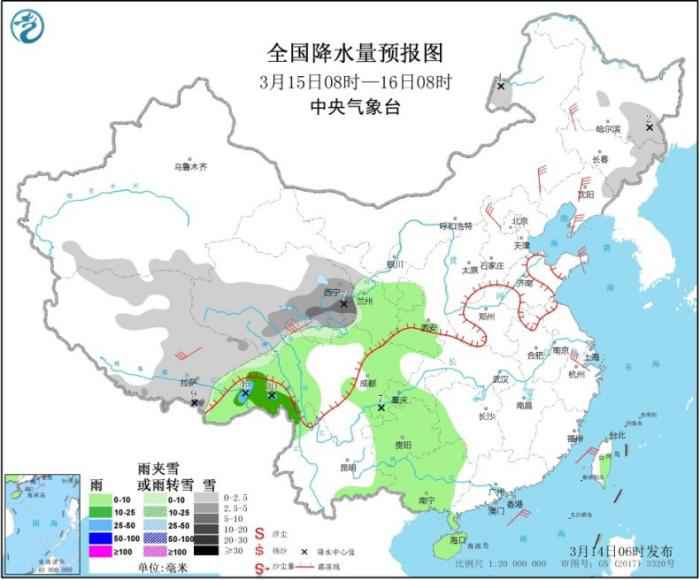 全国降水量预报图(3月15日08时-16日08时) 青藏高原有明显降雪 冷空气影响中东部地区